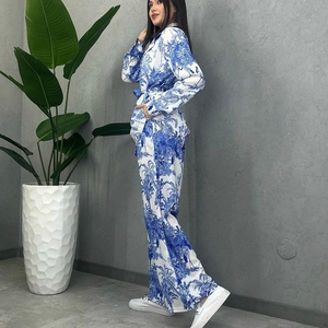 Women's white and blue digital floral print shirt and trousers set with waist belt