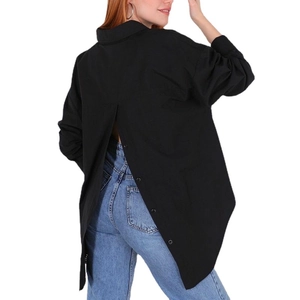 Women's long sleeve black shirt with unique open back design and button details