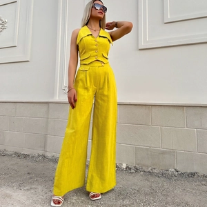 Women Summer Vest And Pants Outfit Sleeveless Lapel Button Waistcoat High Waist Wide Leg Trousers Elegant Office Lady Business Suits