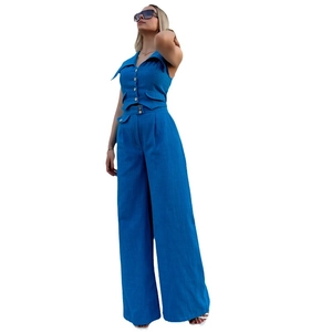 Navy blue two-piece set for women featuring sleeveless vest and high waist wide leg trousers