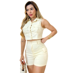 Women's chic beige sleeveless utility vest and high-waist cargo shorts two-piece set
