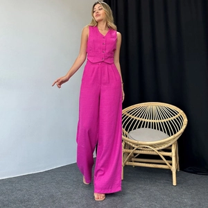 Women Summer Vest And Pants Outfit Sleeveless V Neck Button Waistcoat High Waist Wide Leg Long Pants Elegant Casual Solid Color Wear