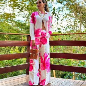 Women Casual Floral Zebra Print Long Sleeve Button Down Shirt And High Waist Wide Leg Pants Vacation Outfit