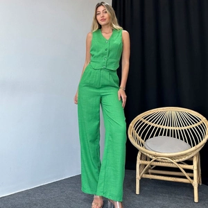Chic lime green sleeveless vest and high-waisted wide-leg trousers two-piece set