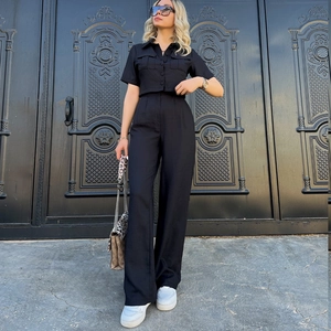 Ensemble d'été 2 pièces pour femme avec chemise à manches courtes et pantalon large taille haute