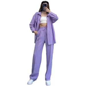 Casual purple two-piece set featuring long sleeve button-down shirt and high waist trousers
