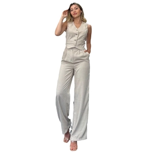 Women's two-piece linen set with V-neck buttoned vest and high-waist wide-leg pants