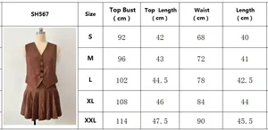Size guide for sleeveless top and pleated mini skirt set in cm for S to XXL