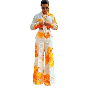 Women's two-piece set with floral long-sleeve shirt and high-waist wide-leg trousers