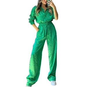 Women's 2-piece green satin leopard jacquard set with long sleeve shirt and wide leg pants