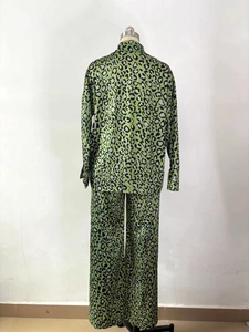 Vue arrière de l'ensemble deux pièces en satin à imprimé léopard vert sur mannequin