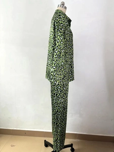 Vue détaillée de l'ensemble de détente à imprimé léopard vert avec haut et pantalon