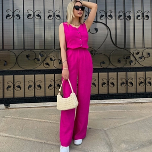 Chic rose red two-piece summer set with sleeveless crop vest and wide-leg trousers
