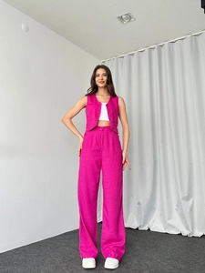 Detailliertes fuchsiafarbenes ärmelloses Weste und High Waist Weite Hose Set für Damen