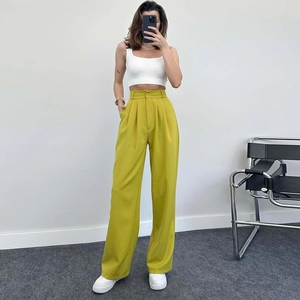 Women Elegant High Waist Wide Leg Casual Pants Solid Color Straight Trousers With Pleated Front Office Lady Fashion Bottoms