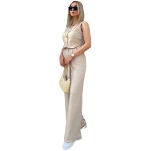 Women's 2-piece linen set with V-neck button vest and high-waist wide-leg trousers