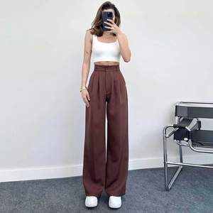 Elegant high-waisted dark brown wide-leg trousers with pleated waist for women