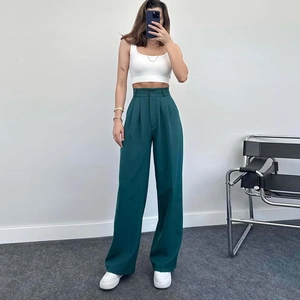 Elegant high-waist wide-leg trousers in dark green with smooth drape for women