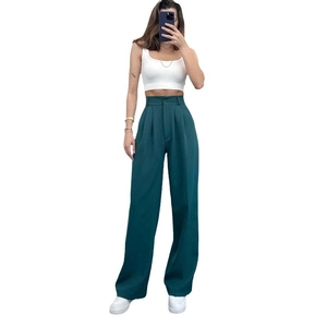 Elegant high-waisted dark green wide-leg trousers with front pleats and draped fabric style