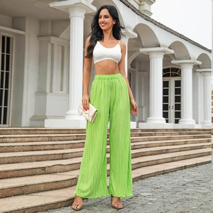 Women Casual Pleated Wide Leg Pants High Waist Elastic Drawstring Plisse Loose Fashion Solid Color Beach Trousers Daily Wear