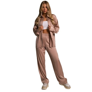 Three-piece champagne satin lounge set featuring long sleeve shirt, tube top, and wide trousers