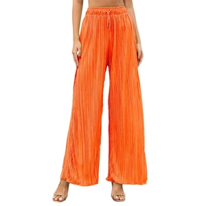 Women's orange pleated wide-leg pants with high elastic waist and drawstring detail