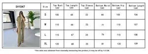 Size chart detail for the summer two-piece loungewear set showing top and pants measurements