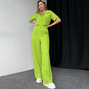 Women Casual Short Sleeve Button Up Shirt Top And High Waisted Wide Leg Pants Solid Color Summer Fashion Commuting Outfit