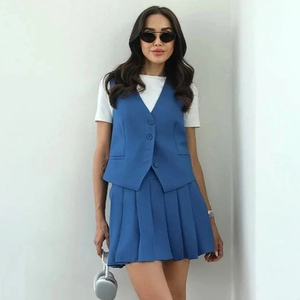 Women's 2-piece summer set with blue V-neck vest and high waisted pleated skirt