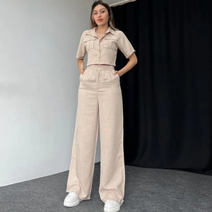Women's two-piece linen short sleeve shirt and high waist wide leg pants set in beige