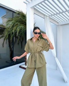 Olive green summer two-piece cargo set with drawstring shirt and wide-leg trousers
