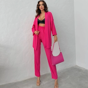 Women Casual Solid Color Top And Bottom Long Sleeve Cardigan And Straight Leg Pants Outfit Streetwear Fashion Lounge Set