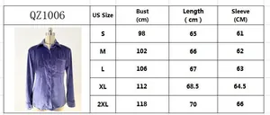 Size chart for velvet long sleeve button down shirt showing US sizes from S to 2XL