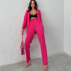 Women's 3-piece set featuring rose red long cardigan, high waist pants and black crop top