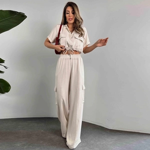 Tenue Cargo Décontractée à la Mode pour Femmes Chemise Courte à Manches Courtes à Revers et Pantalon Long à Jambes Larges à Taille Haute Haut et Pantalon
