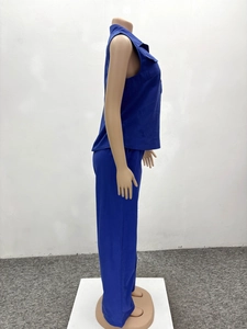 Detailed side view of Royal Blue sleeveless shirt and matching straight-leg pants set