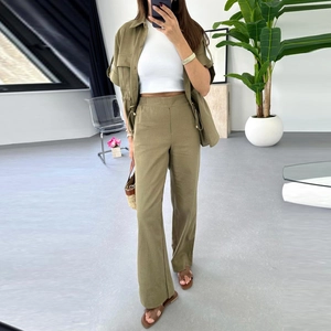 Olive green two-piece casual set featuring drawstring shirt and straight-leg pants