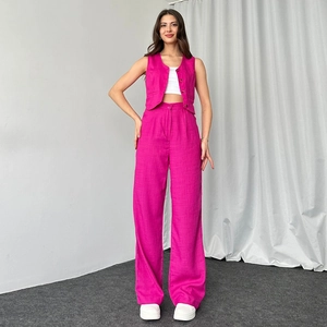 Damen Casual Ärmellos Knopf Weste Und Hohe Taille Weites Bein Hosen Outfit Elegant Einfarbig Sommer Kleidung Anzug