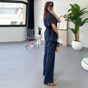 Women's summer navy blue two-piece set with drawstring short sleeve top and wide leg pants