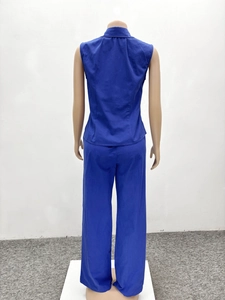 Back view of a royal blue two-piece set featuring a sleeveless vest and wide-leg trousers