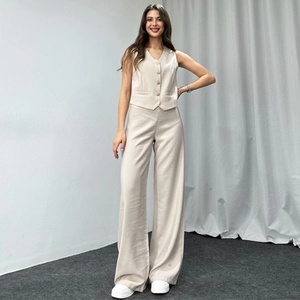 Elegant Women V Neck Sleeveless Polyester Spandex Vest And High Waist Wide Leg Trousers Professional Commuting Outfit