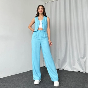 Damen Set Hellblau Ärmellose Weste und Hose mit hoher Taille Weites Bein Sommeranzug