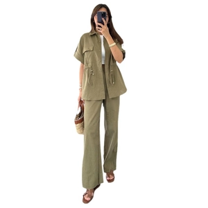 Women's olive green linen-texture short sleeve button shirt and wide-leg pants set