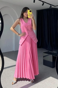Elegantes rosa Set mit ärmelloser V-Ausschnitt Weste und plissiertem Midirock für Damen