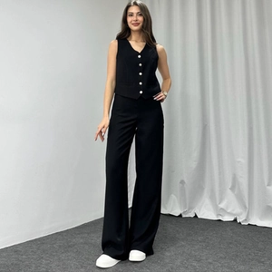 Women's 2-piece black suit set with V-neck buttoned vest and high-waisted wide-leg trousers