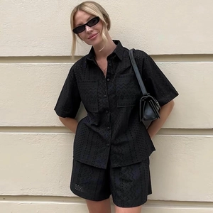 Women black hollow out short sleeve shirt and shorts set with floral embroidery