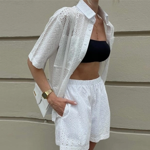 White hollow-out embroidery two-piece summer set with short-sleeve shirt and shorts