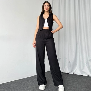 Damen-Sommerset, 2-teilig, mit ärmelloser Weste und hochtaillierter Hose mit weitem Bein