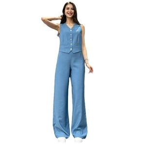Women's 2-piece sky blue set featuring V-neck sleeveless vest and high-waist wide-leg trousers