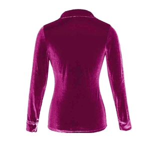 Back view of magenta velvet long sleeve shirt with a luxurious glossy finish and collar detail